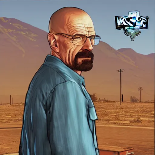 Image similar to walter white in gta v, cover art by stephen bliss, artstation, no text