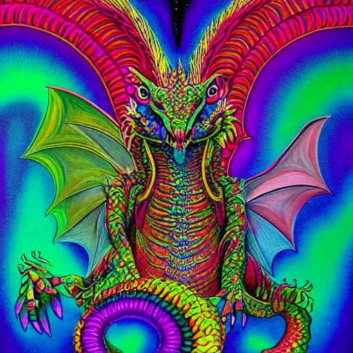 Image similar to a painting of a dragon with a psychedelic look, a detailed painting by lisa frank and alex grey, reddit contest winner, psychedelic art, detailed painting, psychedelic, ( ( pointilism ) ), made of crystals