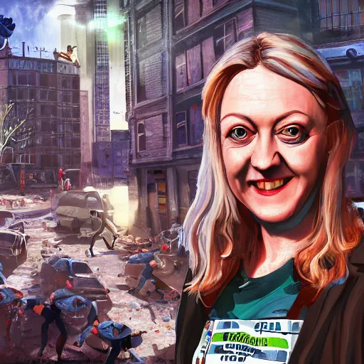 Image similar to painting of liz truss in racoon city full of zombies, hd, 4 k, 8 k artstation,