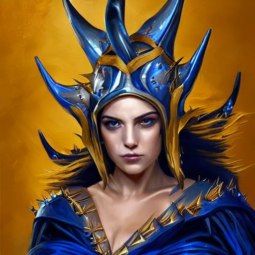 Prompt: painting of a woman in elaborate blue and gold armor with spiked horns on her helmet, painting by Charlie Bowater and WLOP