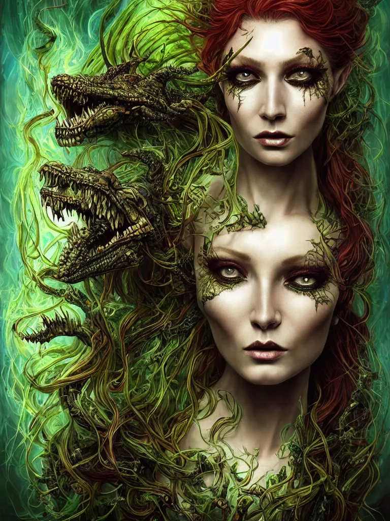 Image similar to single face portrait. complex hyper-maximalist overdetailed cinematic cosmic scifi portrait of an elegant very attractive but wild and dangerous reptilian goddess by andrei riabovitchev, tomasz alen kopera, oleksandra shchaslyva. Omnious intricate. Secessionist portrait illustration. Poison goddes. Slightly Reminds to poison ivy. Focus on face. Artstation. Deviantart. 8k 4k 64megapixel. Rendered by binx.ly.