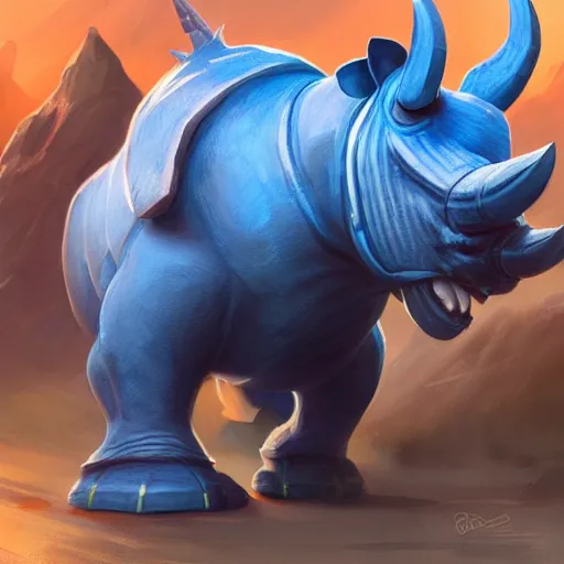 Prompt: An adorable blue rhino wearing galactic battle armor, action pose, highly detailed, digital painting, artstation, concept art, smooth, sharp focus, studio light, by Justin Gerard and Jason Chan and riot studios,