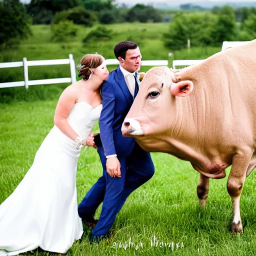 Prompt: a bride and groom playfully press up against a cow on a farm, wedding photo