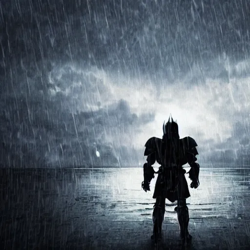 Prompt: dark armor knight in a thunderstorm, epic scene, cinematic, ultra photorealistic, 8k,