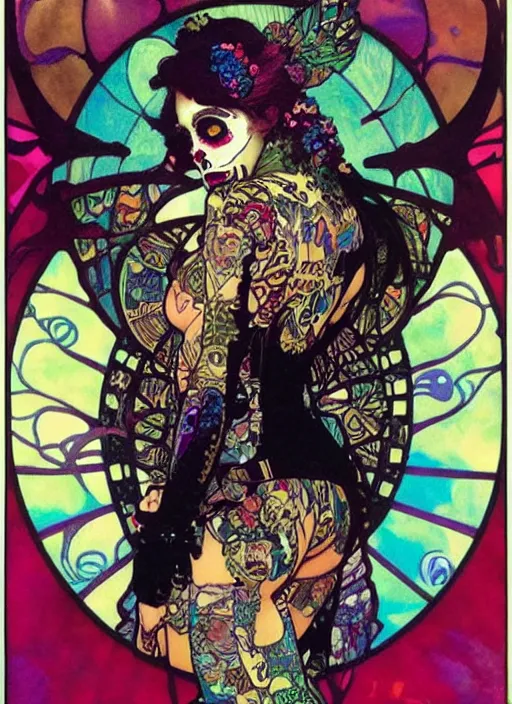 Image similar to cute punk goth fashion fractal Día de los Muertos tattooed girl posing in a space suit, psychedelic poster art of by Victor Moscoso Rick Griffin Alphonse Mucha Gustav Klimt Ayami Kojima Amano Charlie Bowater, masterpiece