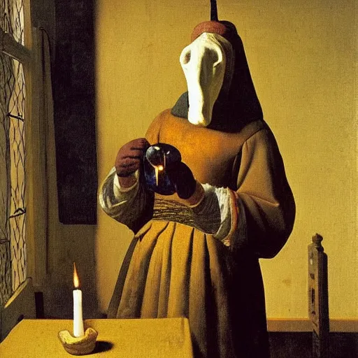 Image similar to Painting of a human with a horses head wearing peasant clothing, holding a lit candle in the dimly lit room, by Johannes Vermeer