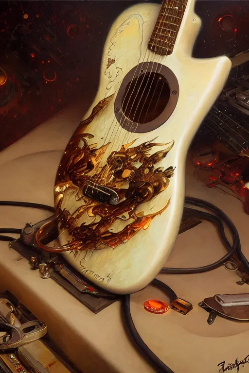 Image similar to fender guitar lost in the space, detailed, 8 k, trending on artstation, smooth, sharp focus artwork by mark arian, artgerm, mark keathley, greg rutkowski and alphonse mucha