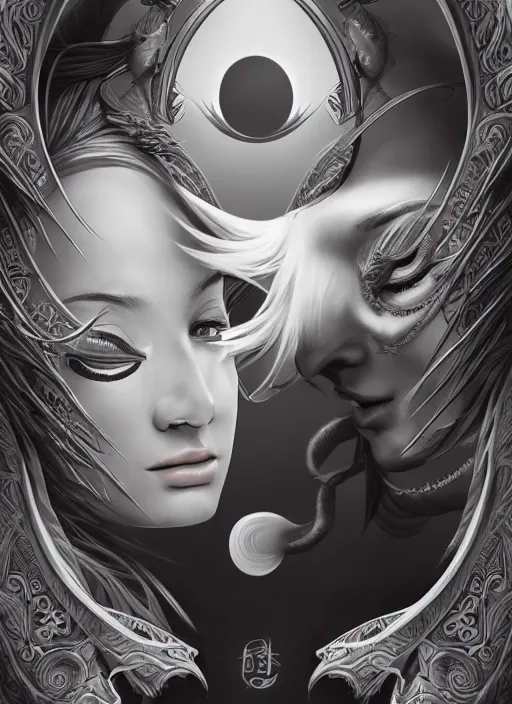 Prompt: portrait of yin yang personified, wonderful shading, realistic perfect face, concept art, dynamic pose, digital illustration, trending on artstation, intricate details, epic composition, sharp focus, 8 k uhd, masterpiece, wlop, ross draws