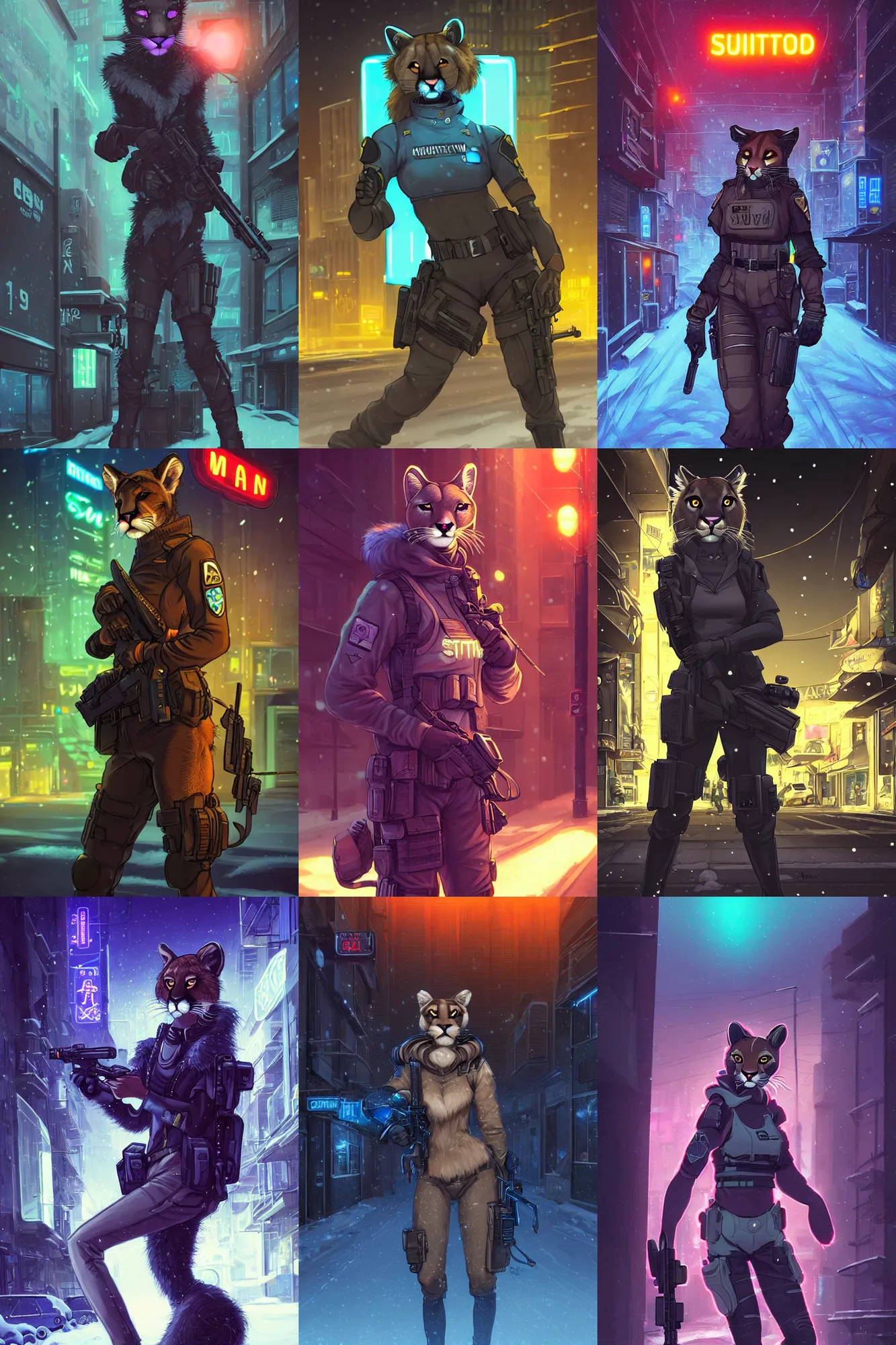 Prompt: beautiful furry art portrait commission of a female furry anthro mountain lion fursona wearing a tactical swat uniform in the streets of a cyberpunk city at night in the snow. neon light. character design by charlie bowater, ross tran, artgerm, and makoto shinkai, detailed, inked, western comic book art