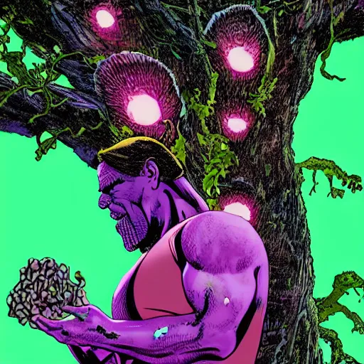 Image similar to thanos eating psilocybin mushrooms on the top of a tree glowing in florescent colors