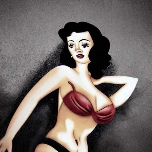 Image similar to rough rugged nose art of a pinup girl on a black wall