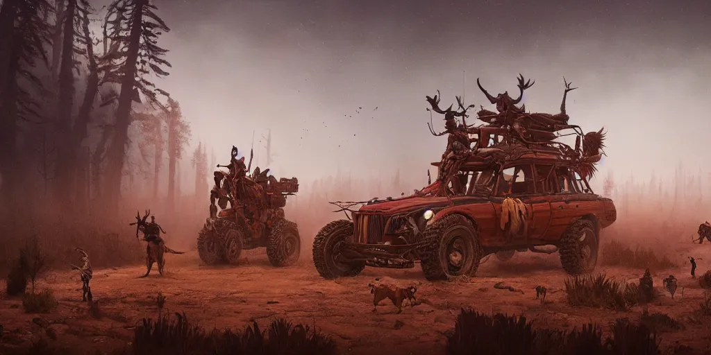 Prompt: woodpunk, ancient indian on atv, buffalo chase ,attacking, action scene, an epic fantasy, dramatic lighting, cinematic, establishing shot, extremely high detail, photorealistic, cinematic lighting, artstation, octane render, by simon stalenhag, horizon forbidden west and mad max
