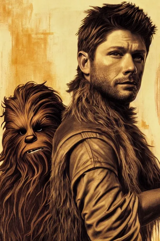 Image similar to a detailed matte portrait of jensen ackles dressed as has solo and misha collins as chewbacca, masterpiece, 8 k, art by alphonse mucha and greg rutkowski