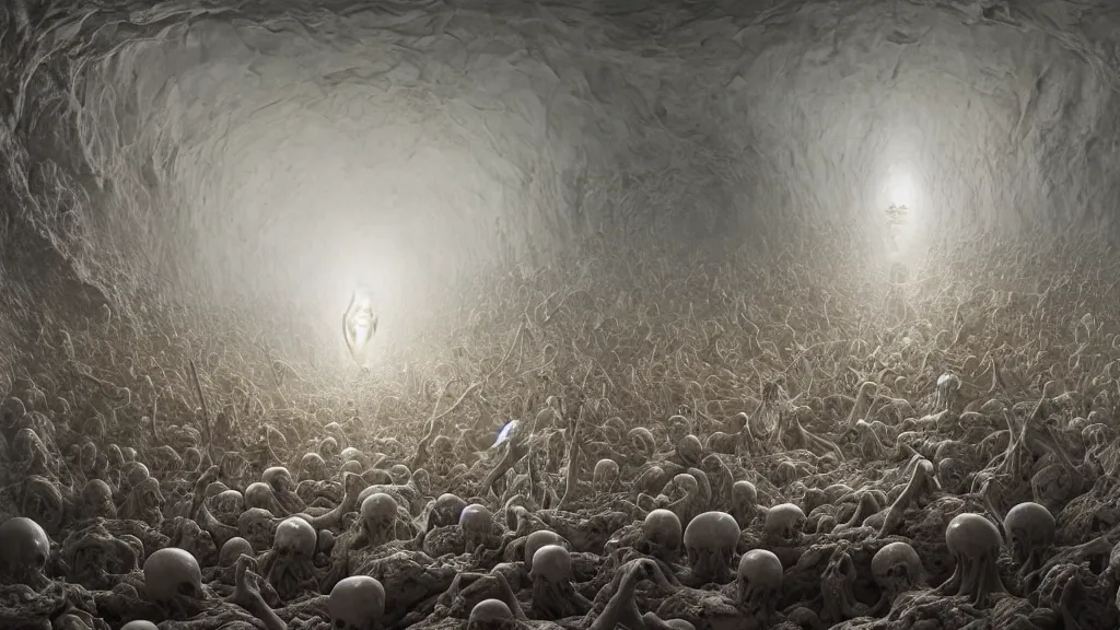 Image similar to an epic sculpture made of marble and ivory, a horde of cosmic skeletons attacking, by gustave dore, by zdzisław beksinski, by emil melmoth, sculpture standing on in a large studio space, monumental, epic, detailed, intricate, volumetric lighting, realistic, octane render, in frame, 2 0 % pearlescent detailing