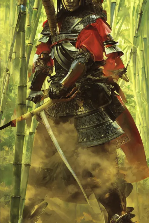 Image similar to close up of samurai warrior in full armor, in a bamboo forest, by huang guangjian and gil elvgren, sachin teng, greg manchess