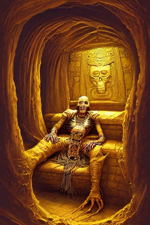 Prompt: classic oil painting, a mummy sitting up in his ornate golden sarcophagus, as a dnd character, inside a dilapidated tomb, cottagecore, highly detailed, digital illustration, concept art, smooth, sharp focus, art by tim hildebrandt, and greg hildebrandt