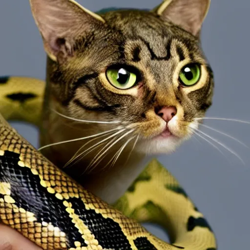 Prompt: a snake with cat head, realistic