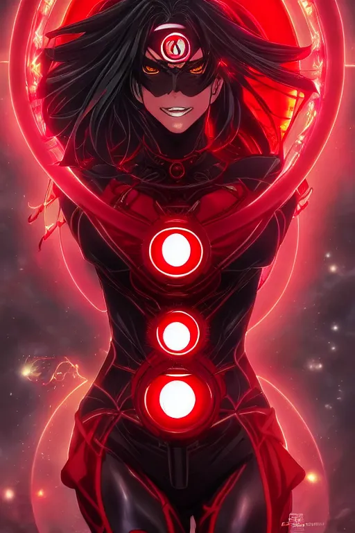 Image similar to anime key visual of a beautiful female red lantern!! intricate, red and black suit, glowing, powers, rage, anger, hate, dc comics, cinematic, stunning, highly detailed, digital painting, artstation, smooth, hard focus, illustration, art by artgerm and greg rutkowski and alphonse mucha