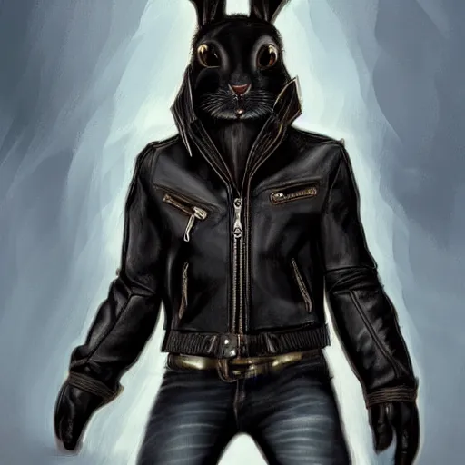 Prompt: A bunny with a small head wearing a fine intricate leather jacket and leather jeans and leather gloves, trending on FurAffinity, energetic, dynamic, digital art, highly detailed, FurAffinity, high quality