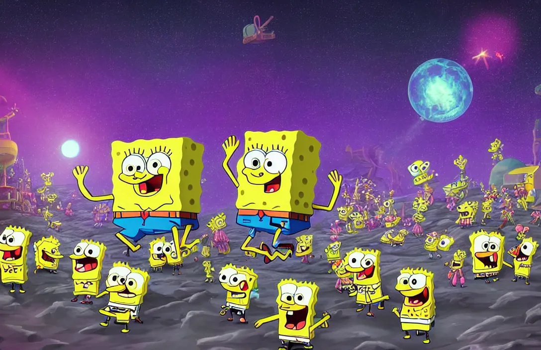 Image similar to spongebob rock concert on the moon, shot taken from behind spongebob on the stage looking the crowd, concert lighting, digital art, highly detailed, concept art, nickelodean style, party atmosphere, dark sky