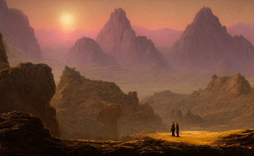 Prompt: venusian landscape, very dim, close up shot, rocky, at dusk, distant mountains, 4k, rule of thirds, extreme detail, very hazy, intricate ink illustration, surreal, surrealist, trending on artstation, cgsociety, hd, calm, complimentary colours, realistic lighting, by Albert Bierstadt, Frederic Edwin Church.