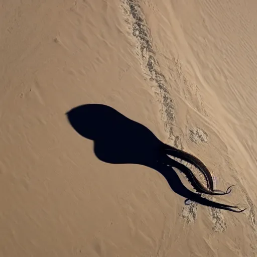 Prompt: a giant squid octopus chimea hanging from the clouds over a desert with beautiful dunes, still from the movie the arrival, 8k