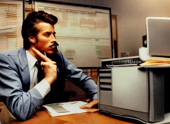 Image similar to color photo. stock market. handsome photomodel sitting by his 8 0's computer in the 8 0's smoking a cigarette