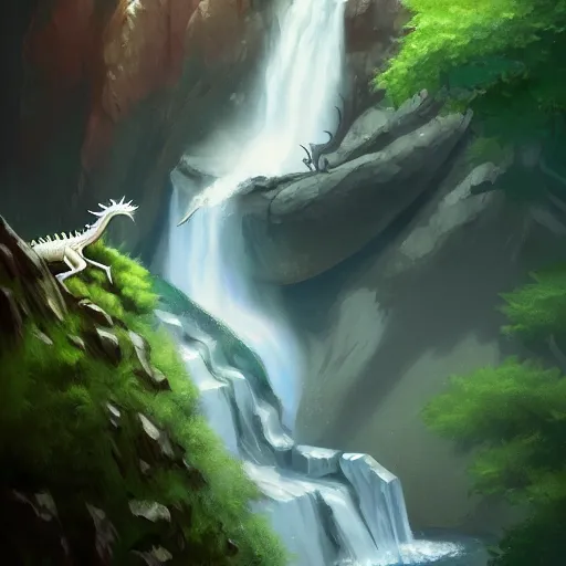 Image similar to beautiful photoshop commission of a slender dragon relaxing by a waterfall, digital painting, artstation, art by Jaime Jones