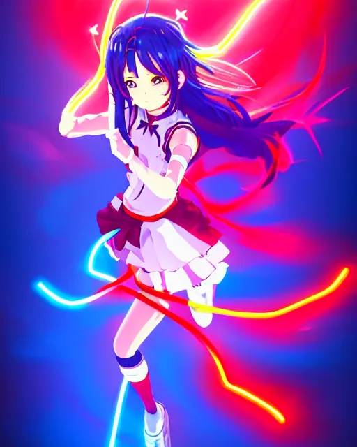 Image similar to anime style, vivid, expressive, full body, 4 k, painting, a cute magical girl idol with a long wavy hair wearing a dress fighting monsters, blue and red, balance, correct proportions, stunning, realistic light and shadow effects, neon lights, studio ghibly makoto shinkai yuji yamaguchi