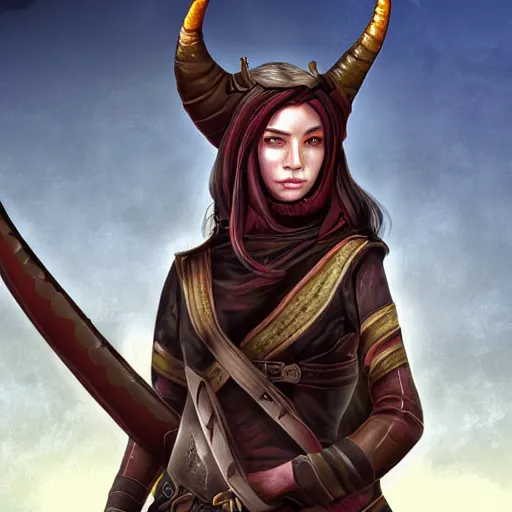 Image similar to a long shot portrait of a young female tiefling ranger, highly detailed digital painting dramatic