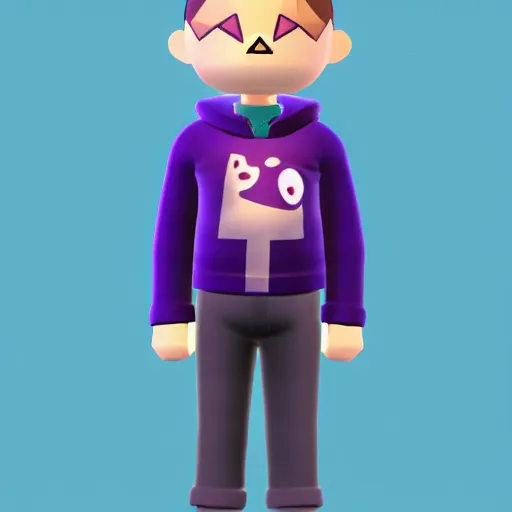 Image similar to low poly human animal crossing character with brown hair brown eyes and a sky blue hoodie and gray pants, 3 d render on purple gradient background