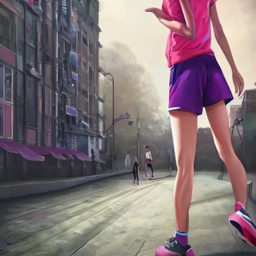 Prompt: tall woman wearing a blue jacket and pink shorts playing basketball, complete detailed body, city in background, moody atmosphere, digital art, highly detailed, high contrast, beautiful lighting, award winning, trending on art station, photorealistic, 8 k,