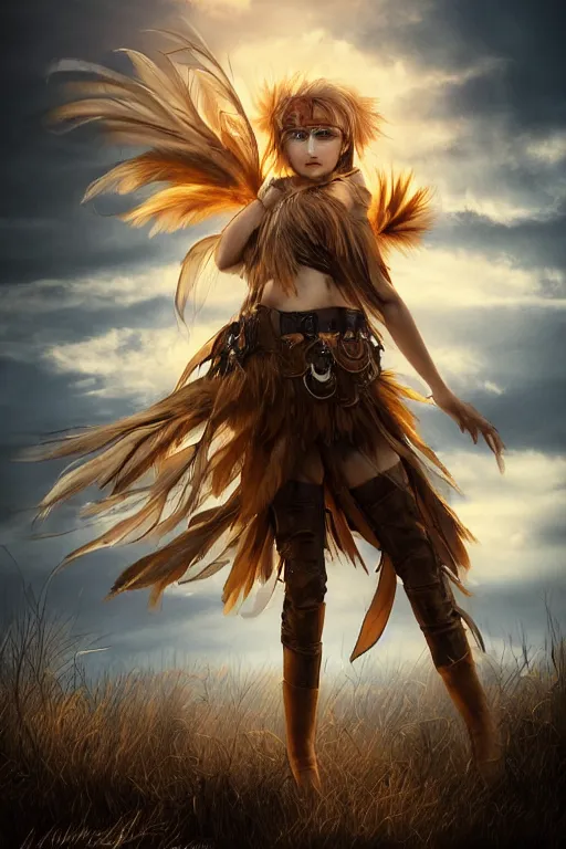 Prompt: beautiful young wind spirit, leather top, feather skirt, , golden hour, full body, post apocalyptic setting, medium shot, mid-shot, highly detailed, trending on Artstation