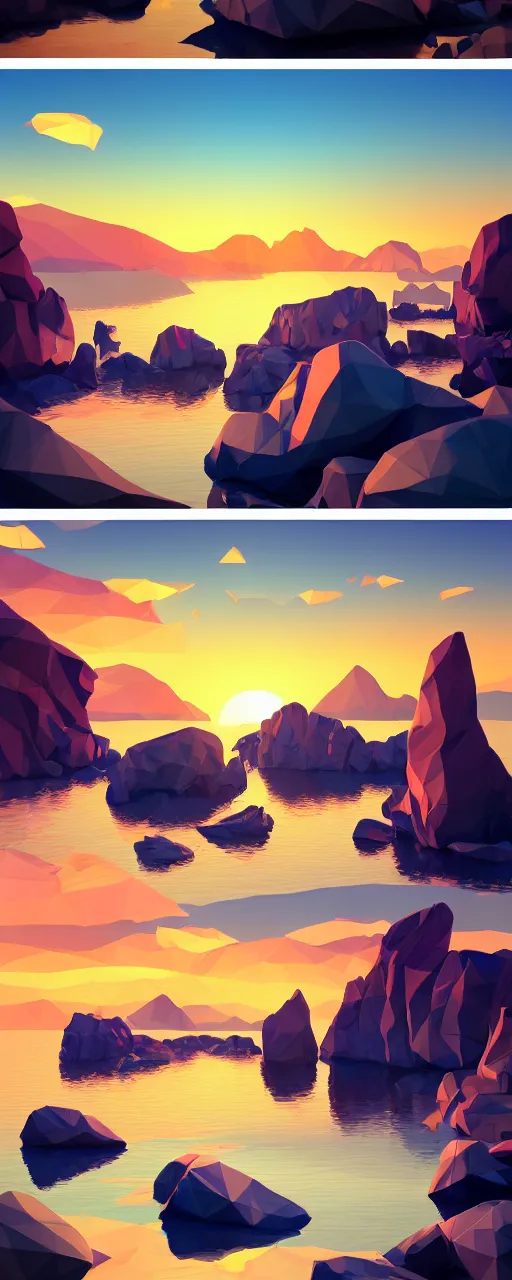 Prompt: super detailed color lowpoly art, northern sunset with rocks on front, monochrome photorealistic bay in the middle of perspective and mountains at background, big graphic ship in the middle of composition, unreal engine, high contrast color palette, 3 d render, lowpoly, colorful, digital art, perspective, robb cobb, robert mccall, syd mead