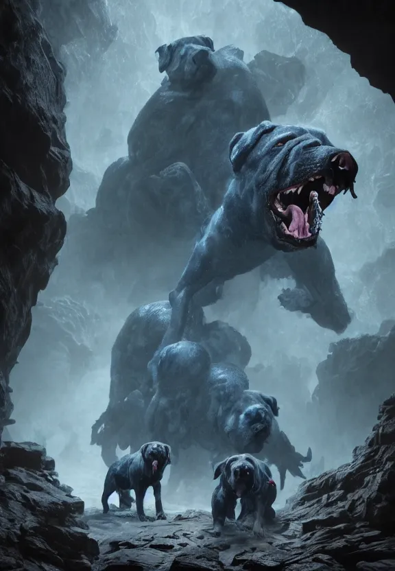 Prompt: three lovecraftian rabies mastiffs attacking inside a claustrophobic dark blue canyon of stone, foaming at the mouth, like ink in water, tapetum lucidum, monsters, digital art, greg rutkowski, unreal engine, octane render, cinematic lighting, highly detailed