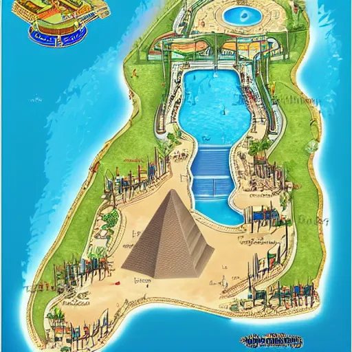 Prompt: ancient egyptian pyramids waterpark map, hieroglyphics