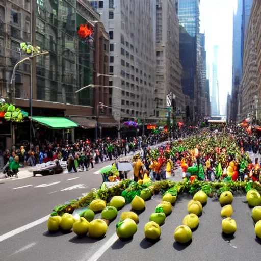 Prompt: a parade of stuffed fruits and vegetables marching down 5 th ave manhattan on st. patrick's day, 8 k, photo realistic, extremely life like