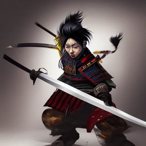 Image similar to fantasy style samurai, in a photorealistic style, doing a sparing pose, dynamic lighting, 8k, art station, devian art