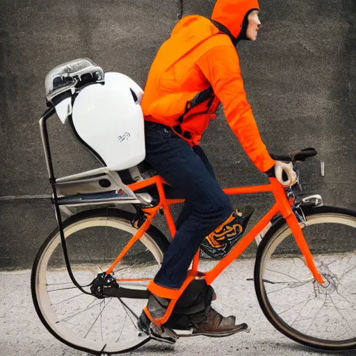 Image similar to pepe cyclist, orange road bike, jetpack, beer, helmet
