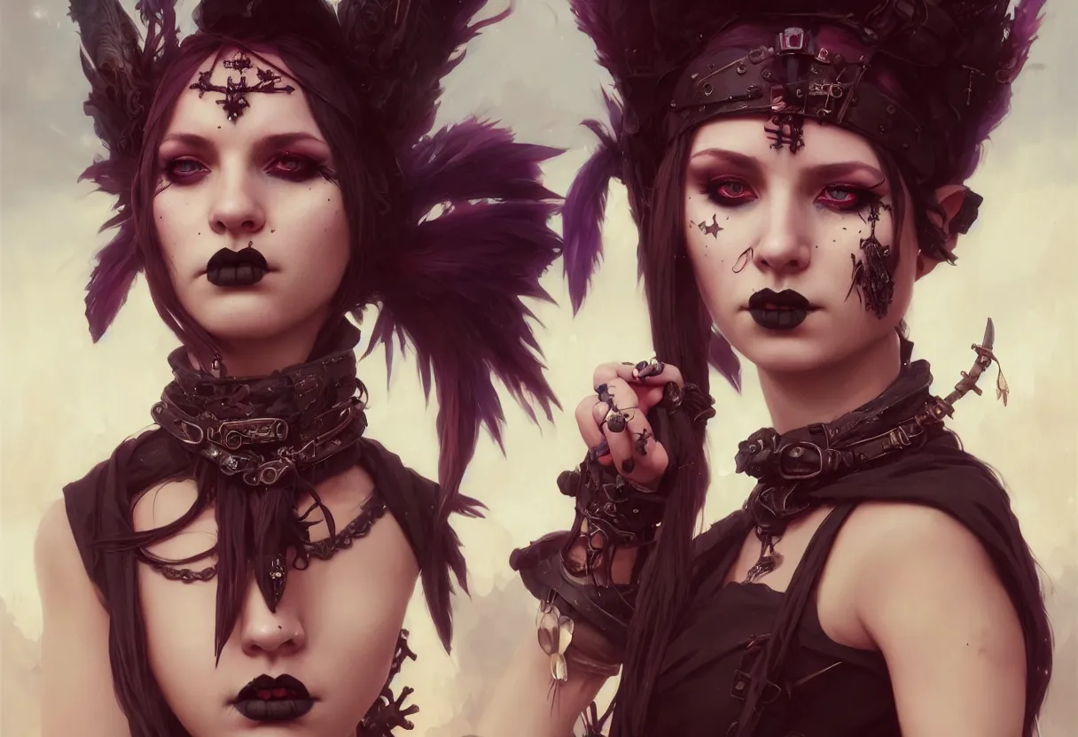 Image similar to beautiful extreme closeup portrait, goth girl, piercings collar, mohawk hairstyle, medieval dress. witch, makeup. unreal engine, greg rutkowski, loish, rhads, beeple, tom bagshaw, alphonse mucha, global illumination, detailed and intricate environment