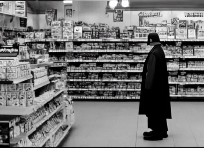 Image similar to film still of Darth Vader working as a clerk in a convenience store in Clerks movie 1994