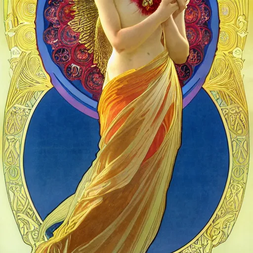 Image similar to a beautiful orchid phoenix angel woman, in an ornamented dress with large, volumetric light, god rays, 8 k high resolution, rubies, by alphonse mucha