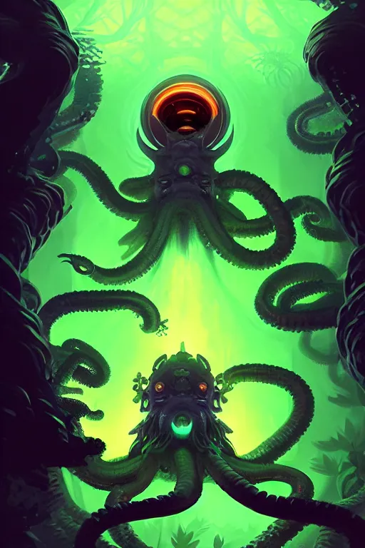 Image similar to Portrait of Black Hole Bodhisattva Kraken in neon forest, digital art from artstation by Andreas Rocha and Greg Rutkowski and Peter Mohrbacher