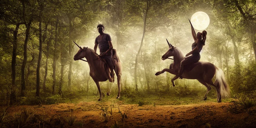 Prompt: morgan freeman riding an unicorn, in the middle of a forest, in the moonlight, night realism, 4 k, octane render, award winning photograph