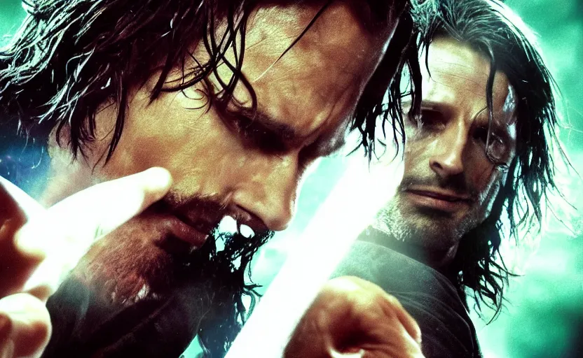 Image similar to epic fight between Neo and Aragorn, movie screenshot, very high quality, Bdrip, 8k