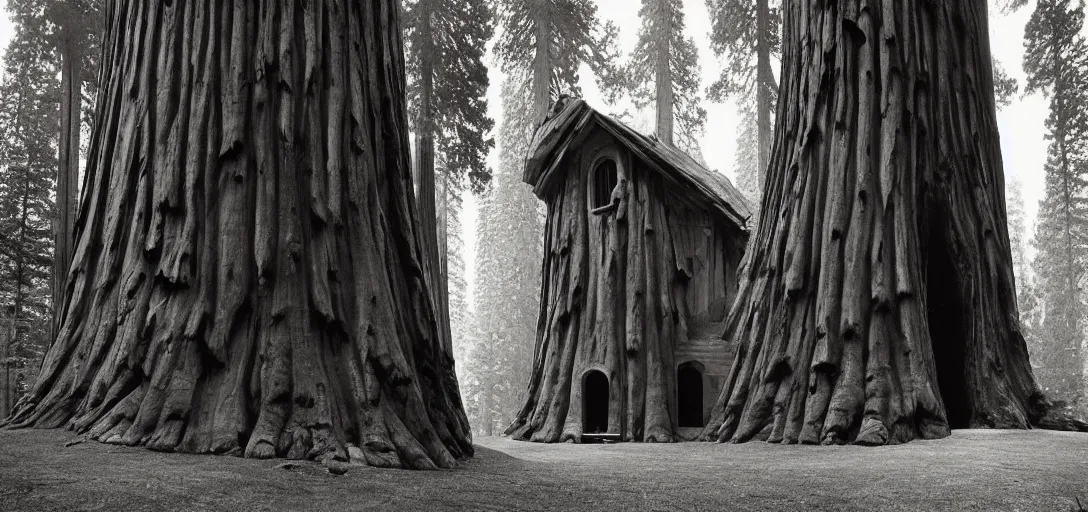 Prompt: house built into and inside a single giant sequoia. photograph by jerry uelsmann.