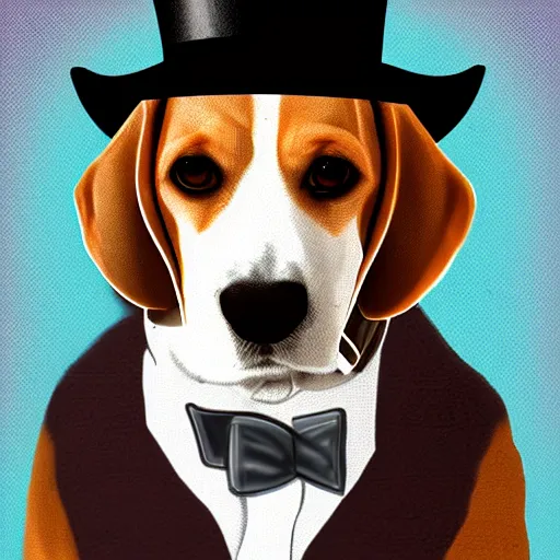 Image similar to beagle wearing a top hat in a portrait art style