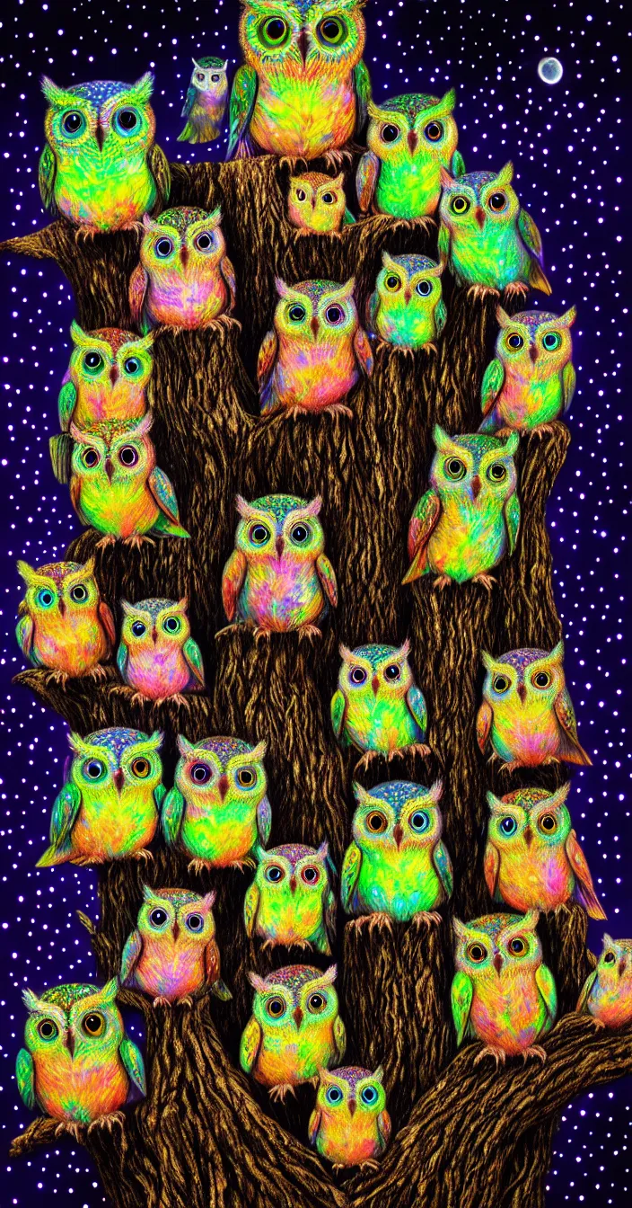 Prompt: realistic photo of too many small psychedelic owls sitting on big tree at night, very sharp focus, dark background, very hyper realistic, highly detailed, fantasy art station