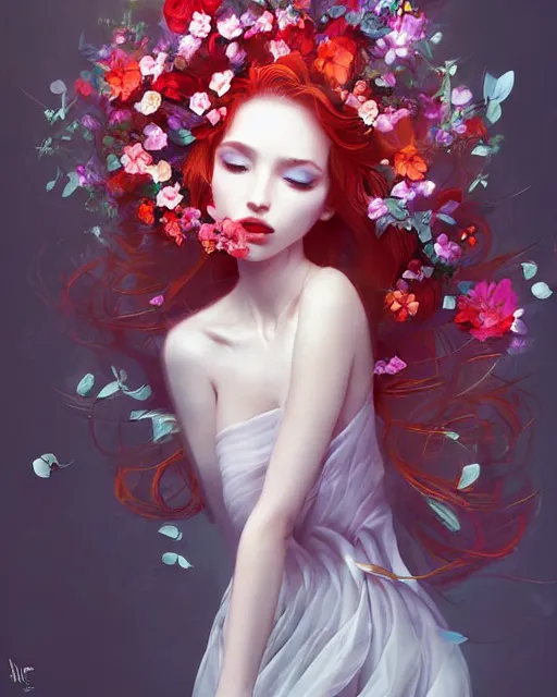 Prompt: red-haired summer goddess in a swirling dress of flowers, floral couture, radiant light, flowery fashion, vortex of petals, by WLOP and artgerm, artstation, deviantart, pixiv