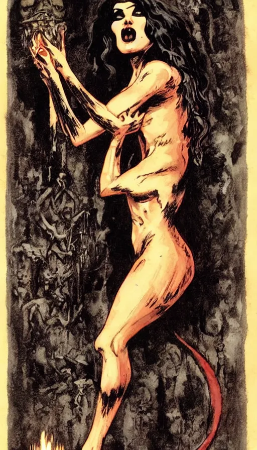 Image similar to carmilla vampire, gothic horror, by frank frazetta, candlelit catacombs, in the style of pulp magazine